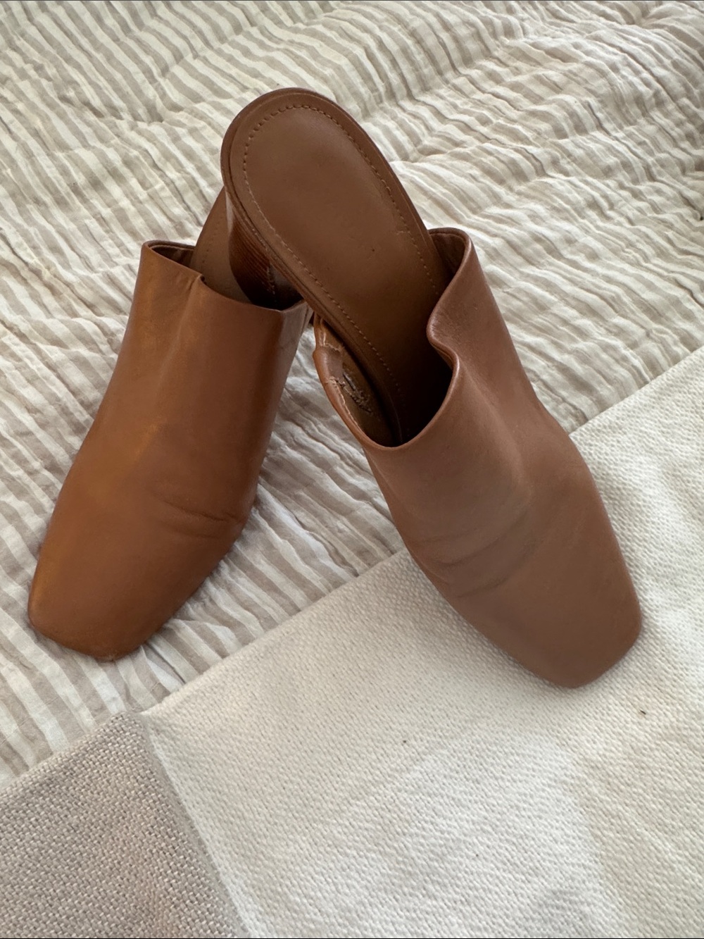 Marc Fisher Tan Leather Square-Toe Slip-On Mules